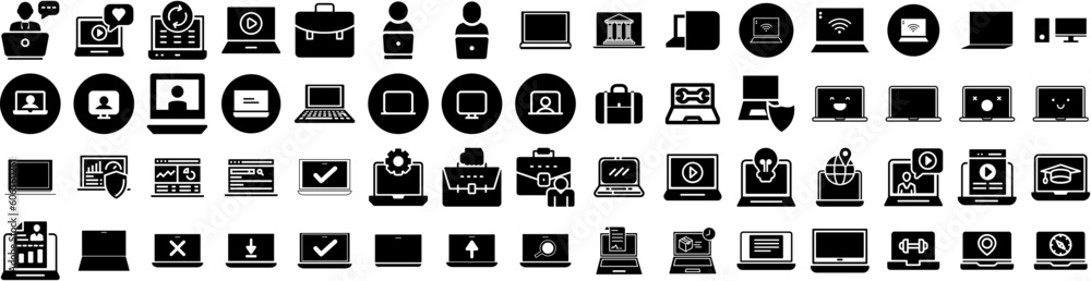 Set Of Laptop Icons Isolated Silhouette Solid Icon With Isolated, Notebook, Laptop, Screen, Design, Computer, Technology Infographic Simple Vector Illustration Logo Set Of Laptop Icons Isolated Silhouette Solid Icon With Isolated, Notebook, Laptop, Screen, Design, Computer, Technology Infographic Simple Vector Illustration Logo