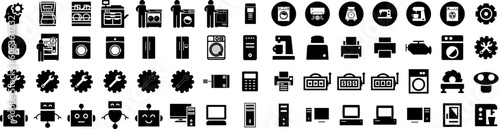 Set Of Machine Icons Isolated Silhouette Solid Icon With Technology, Laundry, Machine, Equipment, Household, Isolated, Background Infographic Simple Vector Illustration Logo
