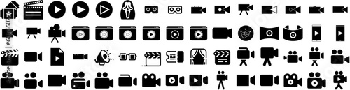 Set Of Movie Icons Isolated Silhouette Solid Icon With Illustration, Cinema, Theater, Video, Movie, Film, Entertainment Infographic Simple Vector Illustration Logo