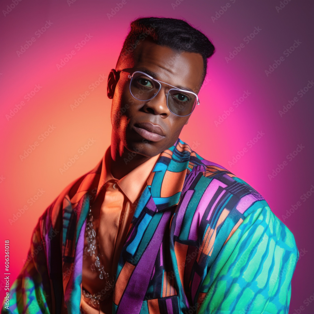 Vibrant 80s-Inspired Hip Black Man Studio Photo Art - Created with Generative AI and Other Techniques Vibrant 80s-Inspired Hip Black Man Studio Photo Art - Created with Generative AI and Other Techniques