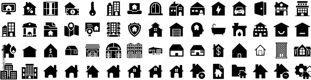 Set Of House Icons Isolated Silhouette Solid Icon With House, Architecture, Estate, Property, Home, Residential, Building Infographic Simple Vector Illustration Logo