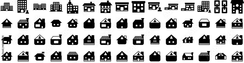 Set Of Building Icons Isolated Silhouette Solid Icon With Office, City, Business, Architecture, Building, Construction, Urban Infographic Simple Vector Illustration Logo