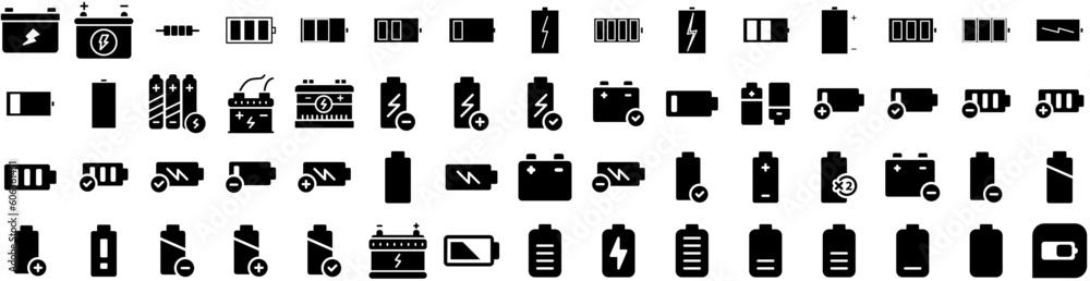 Set Of Battery Icons Isolated Silhouette Solid Icon With Battery, Technology, Electric, Power, Electricity, Energy, Industry Infographic Simple Vector Illustration Logo Set Of Battery Icons Isolated Silhouette Solid Icon With Battery, Technology, Electric, Power, Electricity, Energy, Industry Infographic Simple Vector Illustration Logo