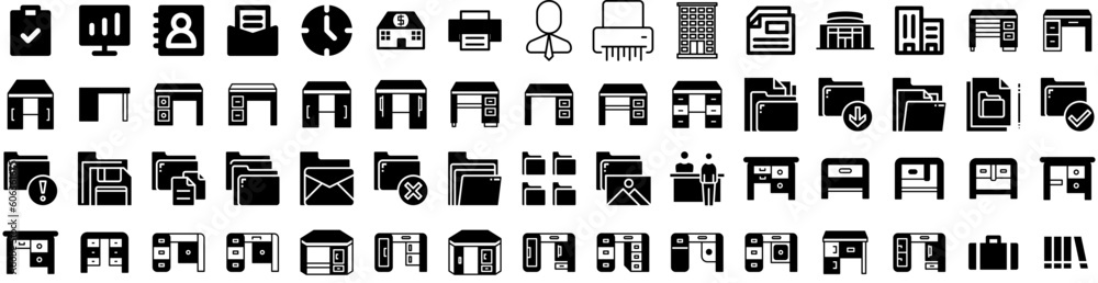 Set Of Office Icons Isolated Silhouette Solid Icon With Computer, Office, Table, Desk, Work, Modern, Business Infographic Simple Vector Illustration Logo Set Of Office Icons Isolated Silhouette Solid Icon With Computer, Office, Table, Desk, Work, Modern, Business Infographic Simple Vector Illustration Logo