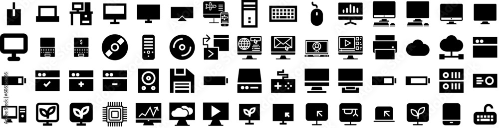 Set Of Computer Icons Isolated Silhouette Solid Icon With Technology, Modern, Screen, Computer, Laptop, Business, Display Infographic Simple Vector Illustration Logo
