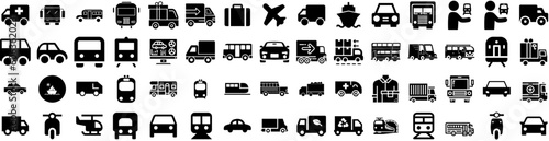 Set Of Transport Icons Isolated Silhouette Solid Icon With Truck, Transport, Transportation, Traffic, Ship, Plane, Cargo Infographic Simple Vector Illustration Logo