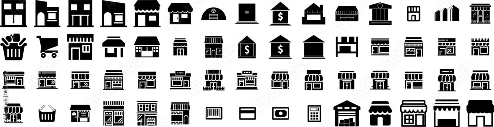 Set Of Store Icons Isolated Silhouette Solid Icon With Supermarket, Business, Sale, Store, Shop, Retail, Market Infographic Simple Vector Illustration Logo Set Of Store Icons Isolated Silhouette Solid Icon With Supermarket, Business, Sale, Store, Shop, Retail, Market Infographic Simple Vector Illustration Logo