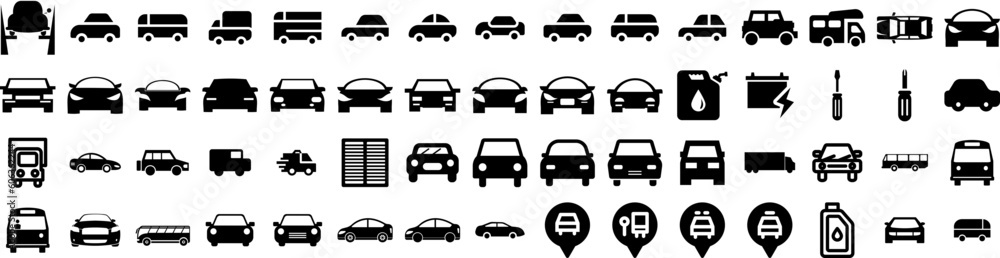 Set Of Vehicle Icons Isolated Silhouette Solid Icon With Auto, Transport, Battery, Power, Vehicle, Technology, Car Infographic Simple Vector Illustration Logo