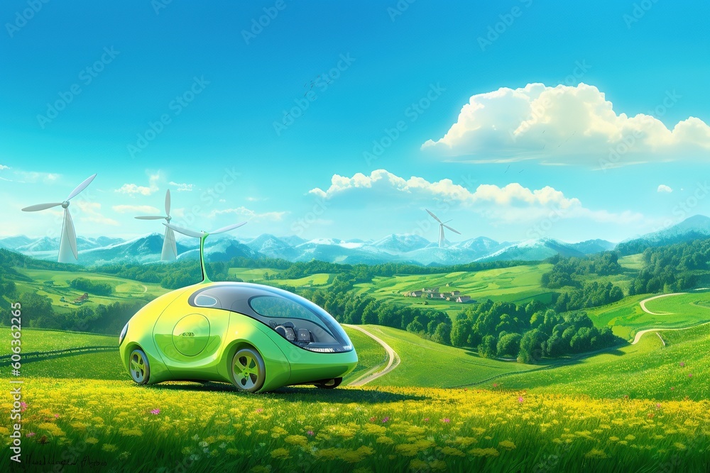 illustration showcasing a futuristic eco-friendly vehicle navigating through a lush, verdant landscape, concept of green transportation, ai generated