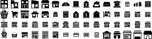 Set Of Store Icons Isolated Silhouette Solid Icon With Supermarket, Business, Sale, Store, Shop, Retail, Market Infographic Simple Vector Illustration Logo