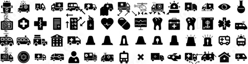 Set Of Ambulance Icons Isolated Silhouette Solid Icon With Transport, Car, Vehicle, Ambulance, Medical, Rescue, Emergency Infographic Simple Vector Illustration Logo