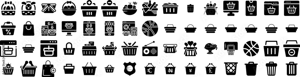 Set Of Basket Icons Isolated Silhouette Solid Icon With Supermarket, Isolated, Buy, Object, Basket, Market, Store Infographic Simple Vector Illustration Logo