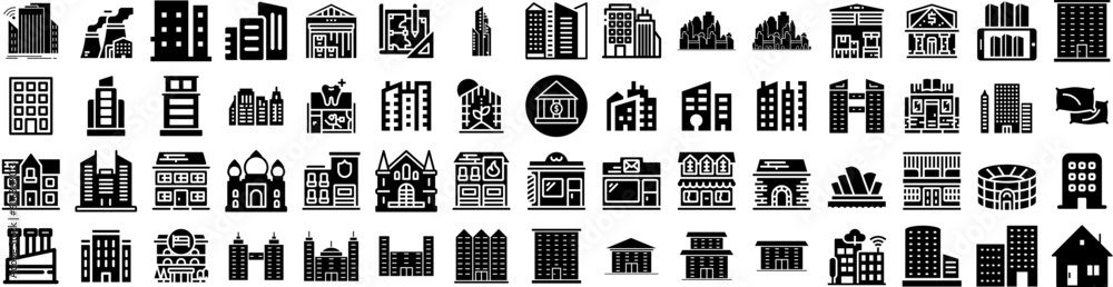 Set Of Buildings Icons Isolated Silhouette Solid Icon With City, Business, Office, Construction, Architecture, Building, Urban Infographic Simple Vector Illustration Logo
