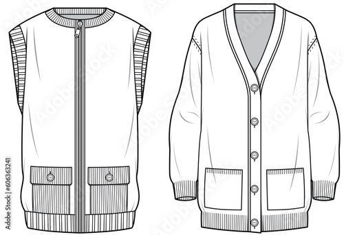 womens winter wear cardigan sweaters flat sketch vector illustration technical cad drawing template photo