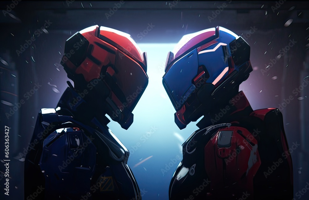 two robotic red and blue looking at each other. abstraction on the topic of technology and games. two robotic red and blue looking at each other helmets facing. 3d illustration. Generative Ai. two robotic red and blue looking at each other. abstraction on the topic of technology and games. two robotic red and blue looking at each other helmets facing. 3d illustration. Generative Ai.