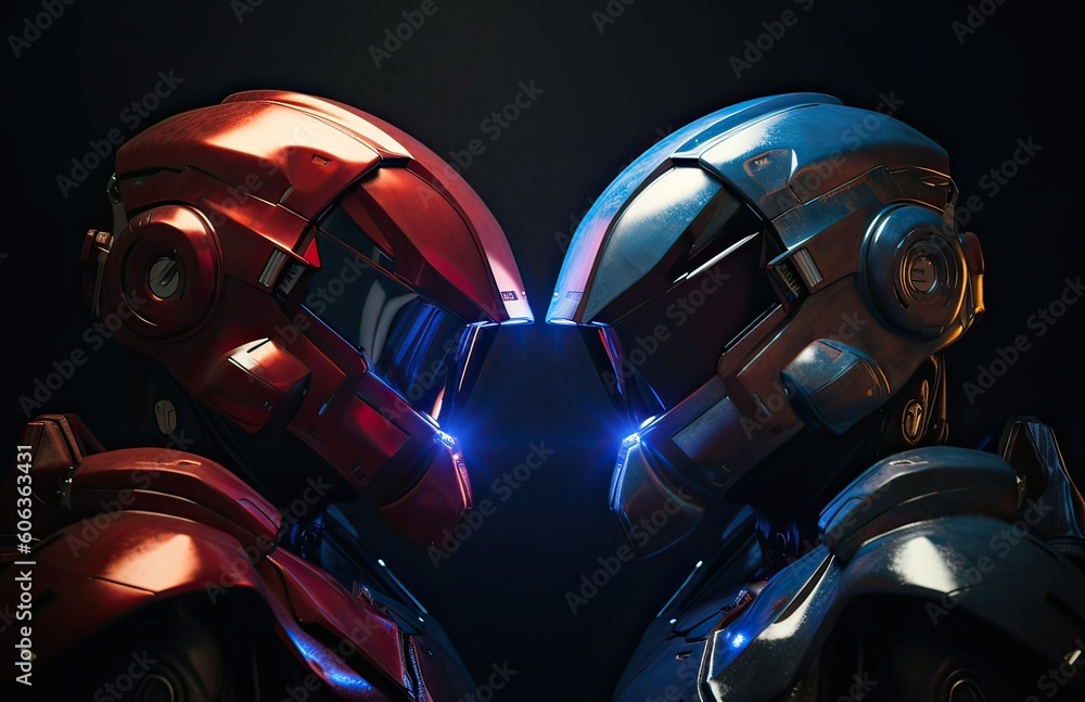 two robotic red and blue looking at each other. abstraction on the topic of technology and games. two robotic red and blue looking at each other helmets facing. 3d illustration. Generative Ai. two robotic red and blue looking at each other. abstraction on the topic of technology and games. two robotic red and blue looking at each other helmets facing. 3d illustration. Generative Ai.