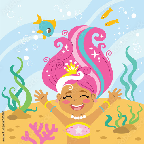 Cute joyful mermaid under the sea vector illustration