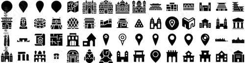 Set Of Landmark Icons Isolated Silhouette Solid Icon With Tourism, Tower, Europe, Landmark, Famous, Architecture, Travel Infographic Simple Vector Illustration Logo