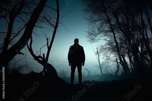 man's silhoutee in scary forest dark horror landscape halloween background photo