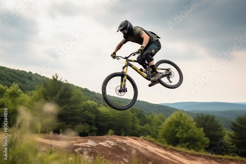 Professional bike rider jumping during downhill ride on his bicycle © alisaaa