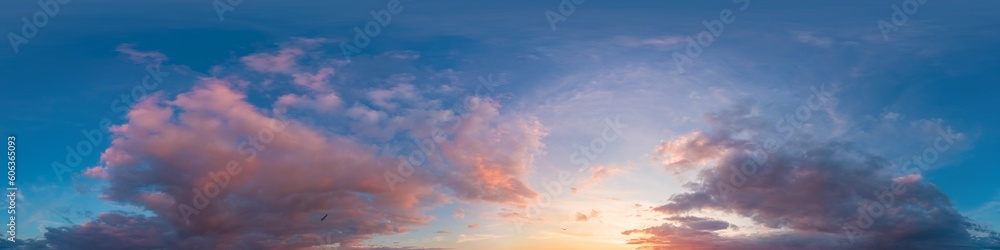 Dramatic sunset sky panorama with bright glowing red pink Cumulus clouds. HDR 360 seamless spherical panorama. Sky dome in 3D, sky replacement for aerial drone panoramas. Climate and weather change.