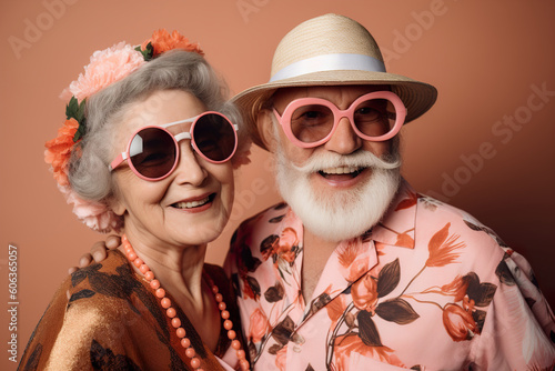 Beautiful seniors couple. Smiling old people with trendy clothes. Happy retirement. Positive aging. Pensioners are joying each other, good mood. Cool senior. Portrait, close up view. Generative AI.