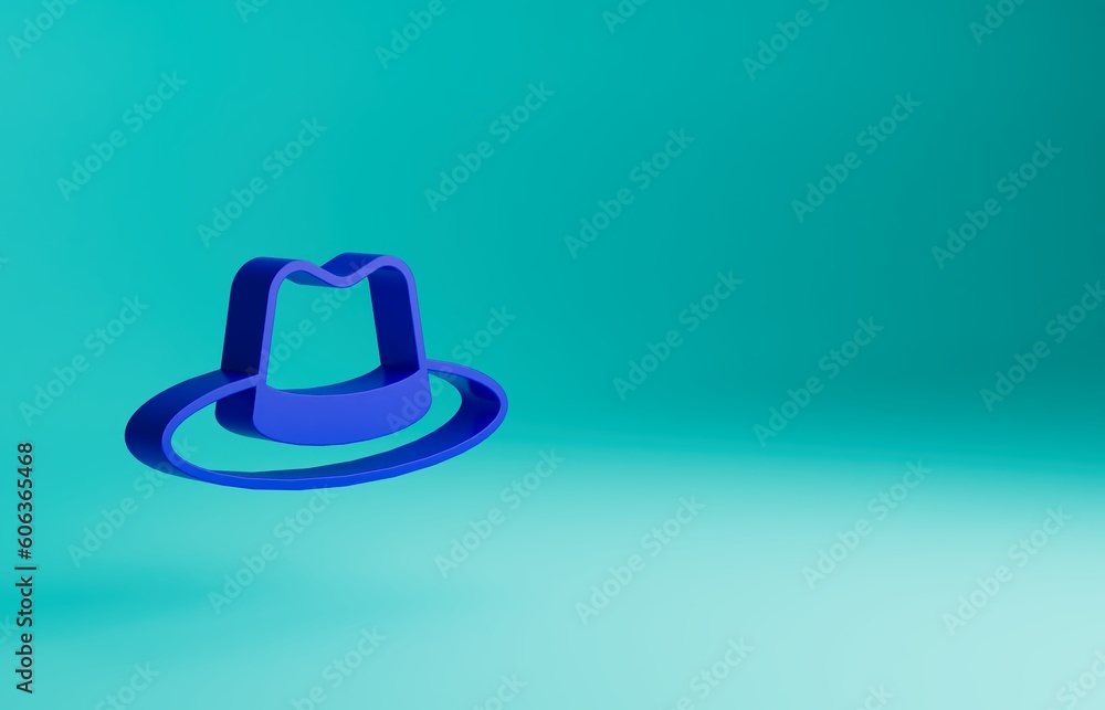 Blue Man hat with ribbon icon isolated on blue background. Minimalism concept. 3D render illustration Blue Man hat with ribbon icon isolated on blue background. Minimalism concept. 3D render illustration