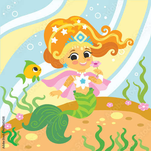 Cute mermaid under the sea vector illustration