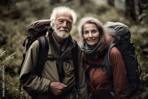 Beautiful seniors couple. Old people are hiking. Active retirement. Positive aging. Pensioners are joying walking outdoors and nature. Cool senior. Generative AI. © Kassiopeia 
