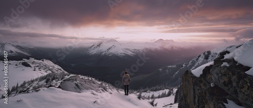 Tourist with Fantastic snow mountains landscape banner background. Colorful pink and blue clouds overcast sky. Generative Ai.