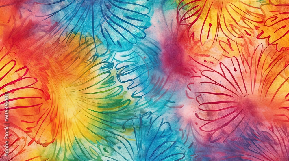 Tie Dye Texture. Beautiful Fashion Bohemian Painting. Hypnotic Tie Dye Spiral Art. Abstract Dyed Fabric. Floral Hand Drawn Effect. Aquarelle Texture. Organic Fantasy Bohemian Texture.. Generative Ai.