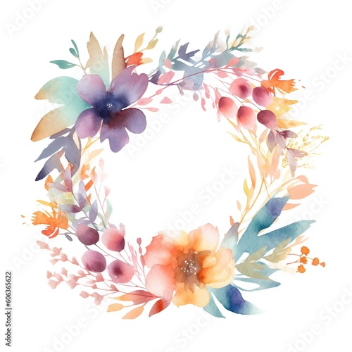 Wreath, floral frame, watercolor flowers roses, Illustration hand painted. Isolated on white background. Perfectly for greeting card design. Generative Ai. © Kowit