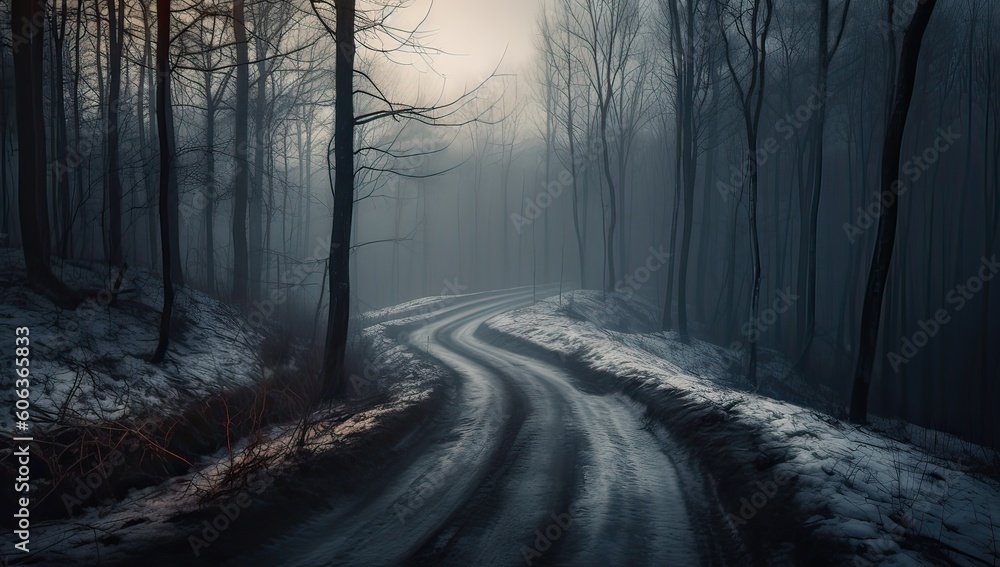 Snowy and frozen mountain road in winter landscape. Generative Ai.