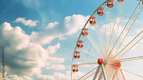 Ferris wheel on cloudy sky background. Generative Ai