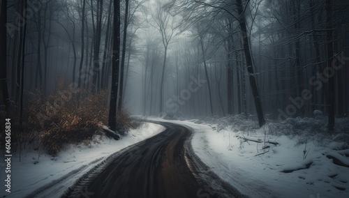 Snowy and frozen mountain road in winter landscape. Generative Ai. © Kowit