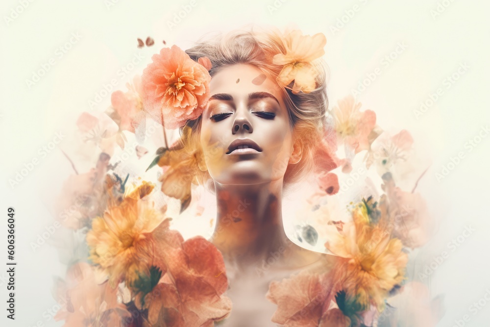 Double exposition. Portrait of a beautiful girl with flowers. Beauty, fashion. AI generative image.