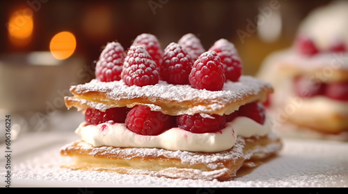 raspberry mille feuille dessert on a white plate  Generative Ai