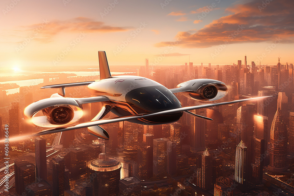 An illustration featuring a futuristic air taxi service, with electric-powered vertical takeoff and landing aircraft seamlessly integrated into a bustling cityscape. Ai generated An illustration featuring a futuristic air taxi service, with electric-powered vertical takeoff and landing aircraft seamlessly integrated into a bustling cityscape. Ai generated