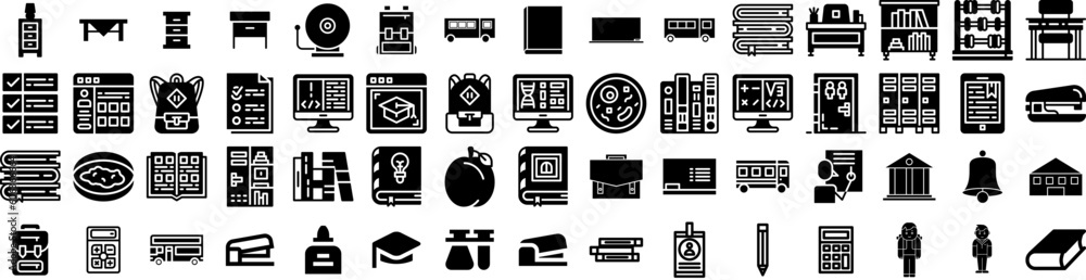 Set Of School Icons Isolated Silhouette Solid Icon With Concept, Education, School, Book, Study, Back, Student Infographic Simple Vector Illustration Logo Set Of School Icons Isolated Silhouette Solid Icon With Concept, Education, School, Book, Study, Back, Student Infographic Simple Vector Illustration Logo