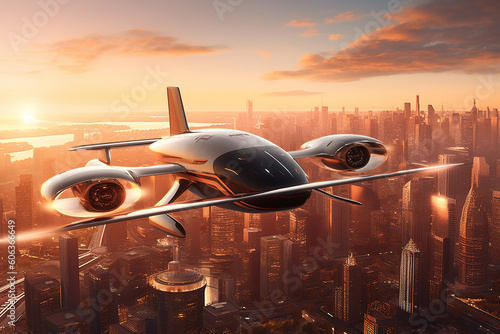 An  illustration featuring a futuristic air taxi service, with electric-powered vertical takeoff and landing aircraft seamlessly integrated into a bustling cityscape. Ai generated photo