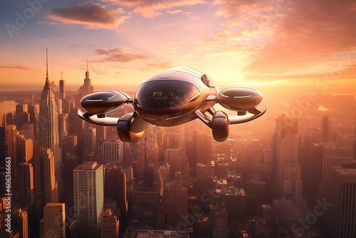 An  illustration featuring a futuristic air taxi service, with electric-powered vertical takeoff and landing aircraft seamlessly integrated into a bustling cityscape. Ai generated