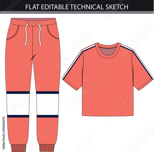Colorblock sweatpants with crop top flat editable technical sketch