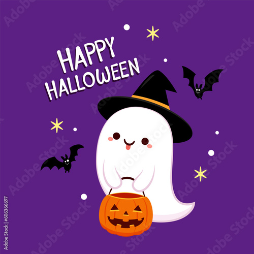 Happy halloween party greeting card with cute ghost. Holidays cartoon character. Trick or treat. Halloween funny cartoon.