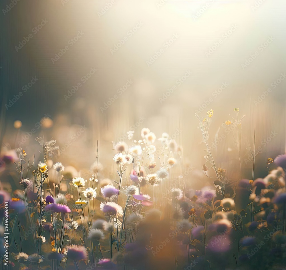 Beautiful light field with grass and flowers of different colors, soft light, wallpaper, desktop