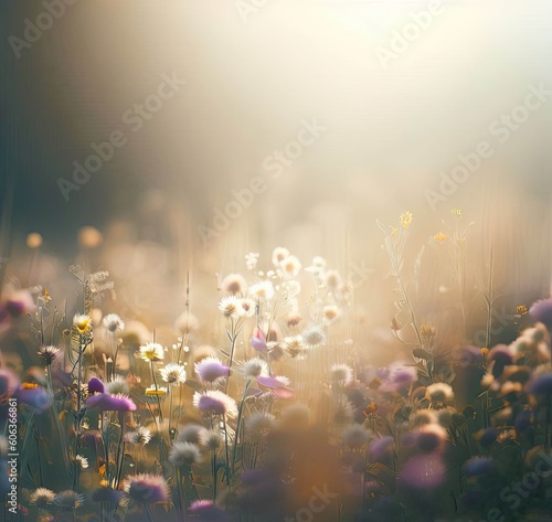 Beautiful light field with grass and flowers of different colors, soft light, wallpaper, desktop © Darya