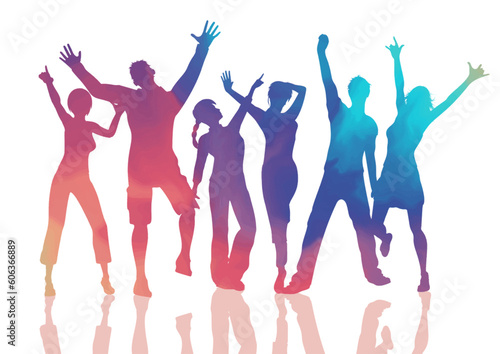 Colourful painted silhouettes of people dancing on a white background