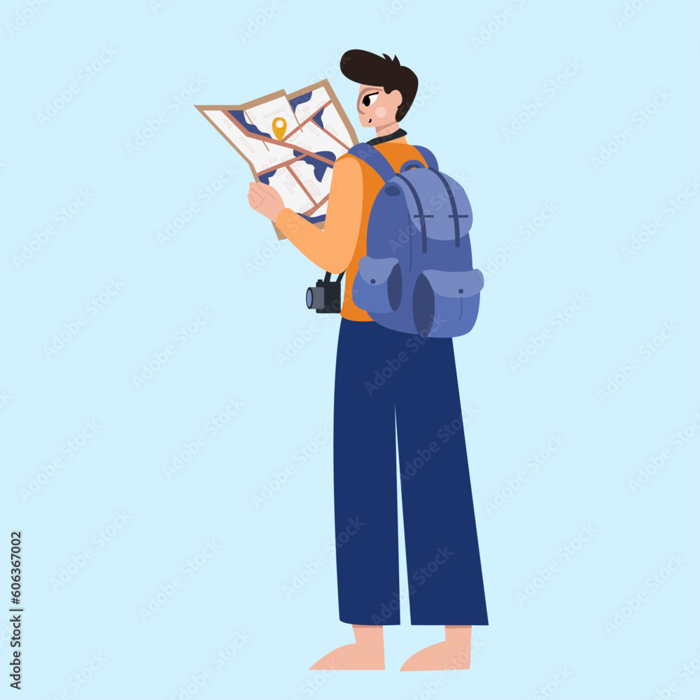 Vector illustration of tourist with map and backpack