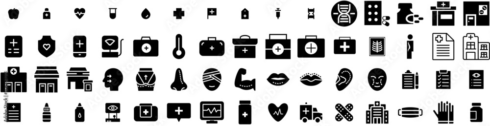 Set Of Medical Icons Isolated Silhouette Solid Icon With Doctor, Clinic, Medicine, Health, Hospital, Care, Medical Infographic Simple Vector Illustration Logo