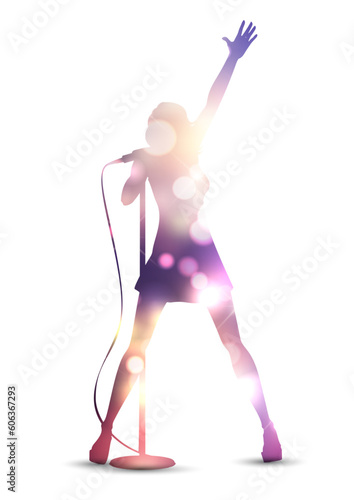 Silhouette of a female singer with a bokeh lights design