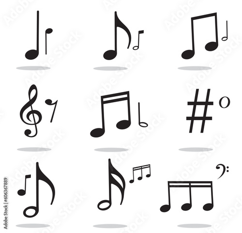 Collection of Music notes icon set. Musical key signs. symbol, piano, guitar, instrument, melody. Vector notes symbols on white background.